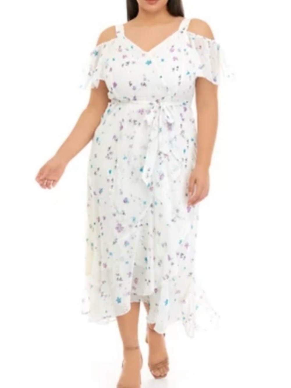 Maison Tara Size 24W Romantic Floral Ruffled Belted Dress Flowy Garden Fairy